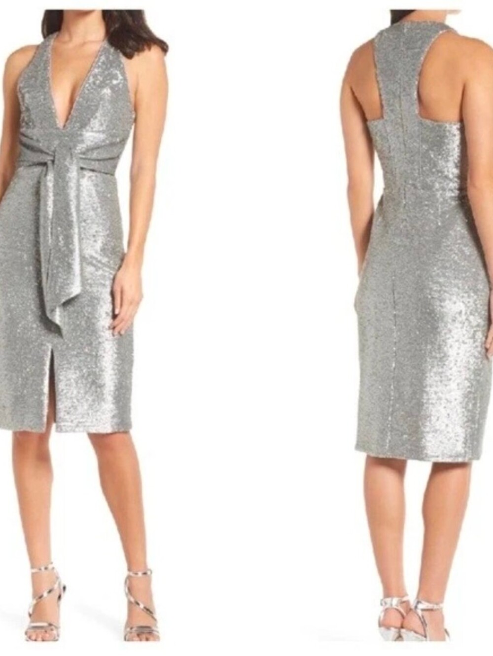 Harlyn Plunge Neck Sequin Formal Dress Matte Silver Size Large - Picture 4 of 6